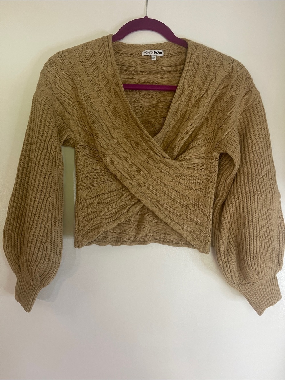 Fashion Nova Tan Cropped Cable Knit Wrap V-Neck Sweater. Size S